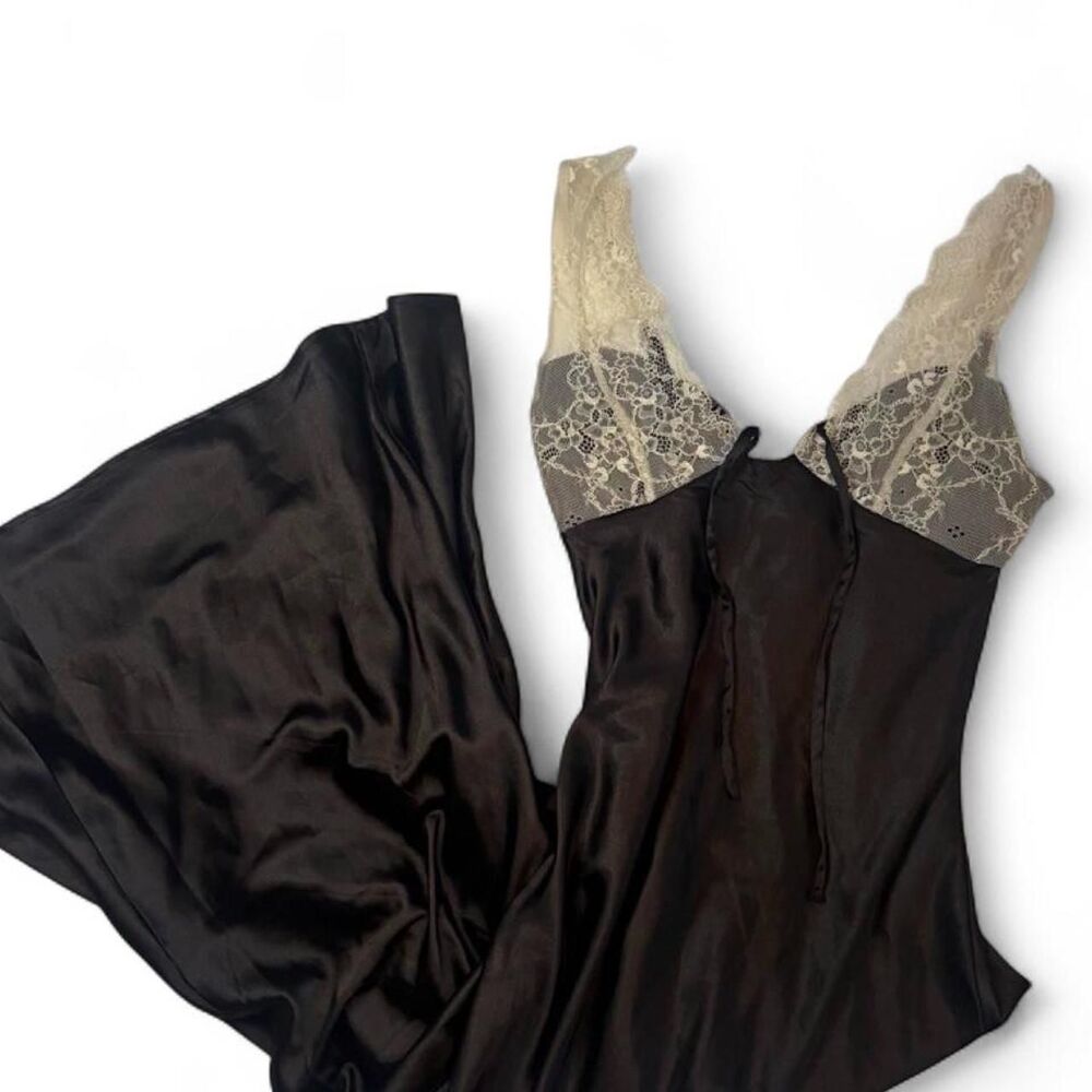 Women's Black Satin Maxi Cream Lace Bodice Sexy Slip Dress Size XL